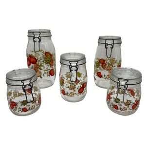 VTG Arc Franc Spice Of Life Vegetable Glass Canister Jars Set 5 Mushroom Toa